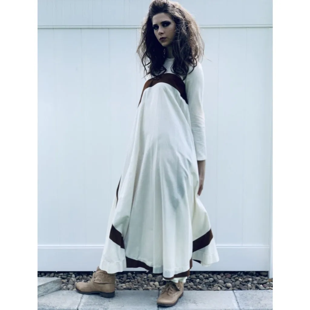 Puolikas Vuokko Nurmesniemi Gown Trapeze Tent Dress Sz 36 S Ivory & Brown Vintage 1970s