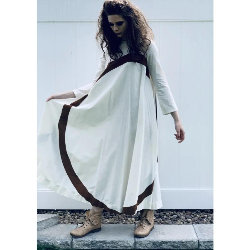 Puolikas Vuokko Nurmesniemi Gown Trapeze Tent Dress Sz 36 S Ivory & Brown Vintage 1970s