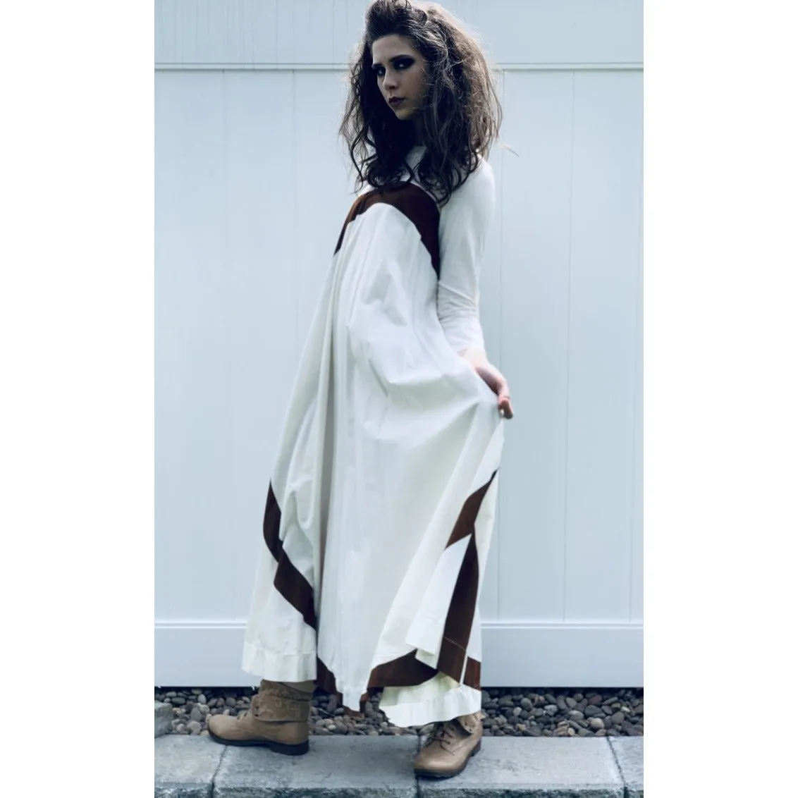 Puolikas Vuokko Nurmesniemi Gown Trapeze Tent Dress Sz 36 S Ivory & Brown Vintage 1970s