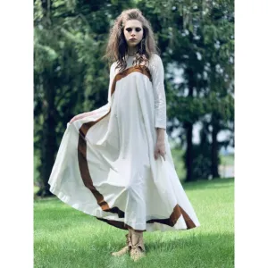 Puolikas Vuokko Nurmesniemi Gown Trapeze Tent Dress Sz 36 S Ivory & Brown Vintage 1970s