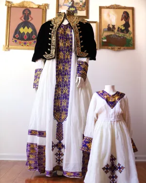 Purple Ethiopian Dress, Regal Zuria Habesha Kemis, Mother and Daughter Matching Set Habesha Dresses,