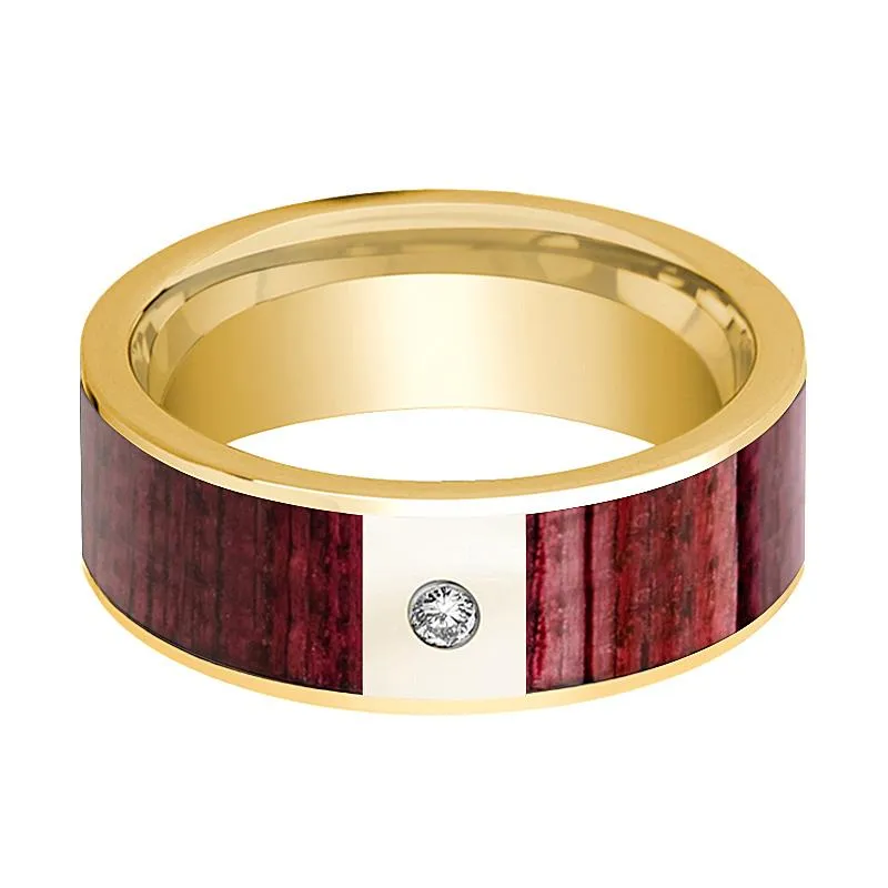 Purpleheart Wood Inlaid Men's 14k Gold Wedding Band with White Diamond - 8MM