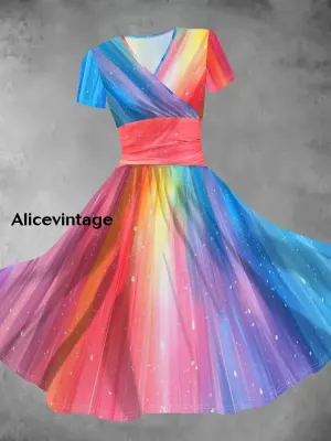 Rainbow Art Print V-Neck Short Sleeve Vintage Dress
