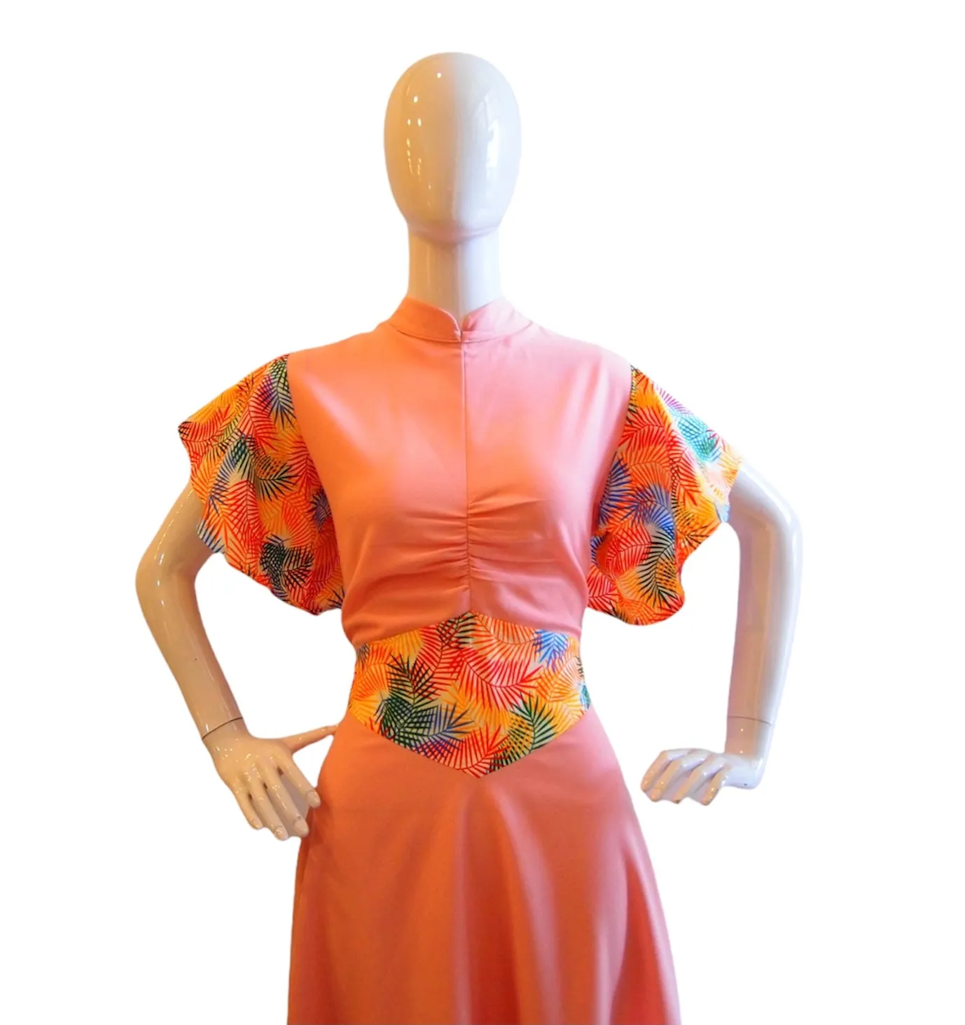 RAINBOW FERNS ANGLED SLEEVES HANDMADE MODERN COTTON CHEONGSAM - PINK OR ELECTRIC BLUE