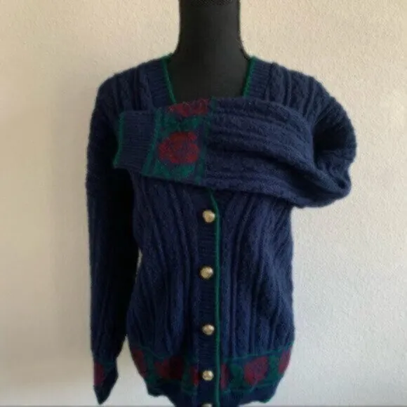 Rare Vintage Cable Cardigan Sweater With Gold  Buttons