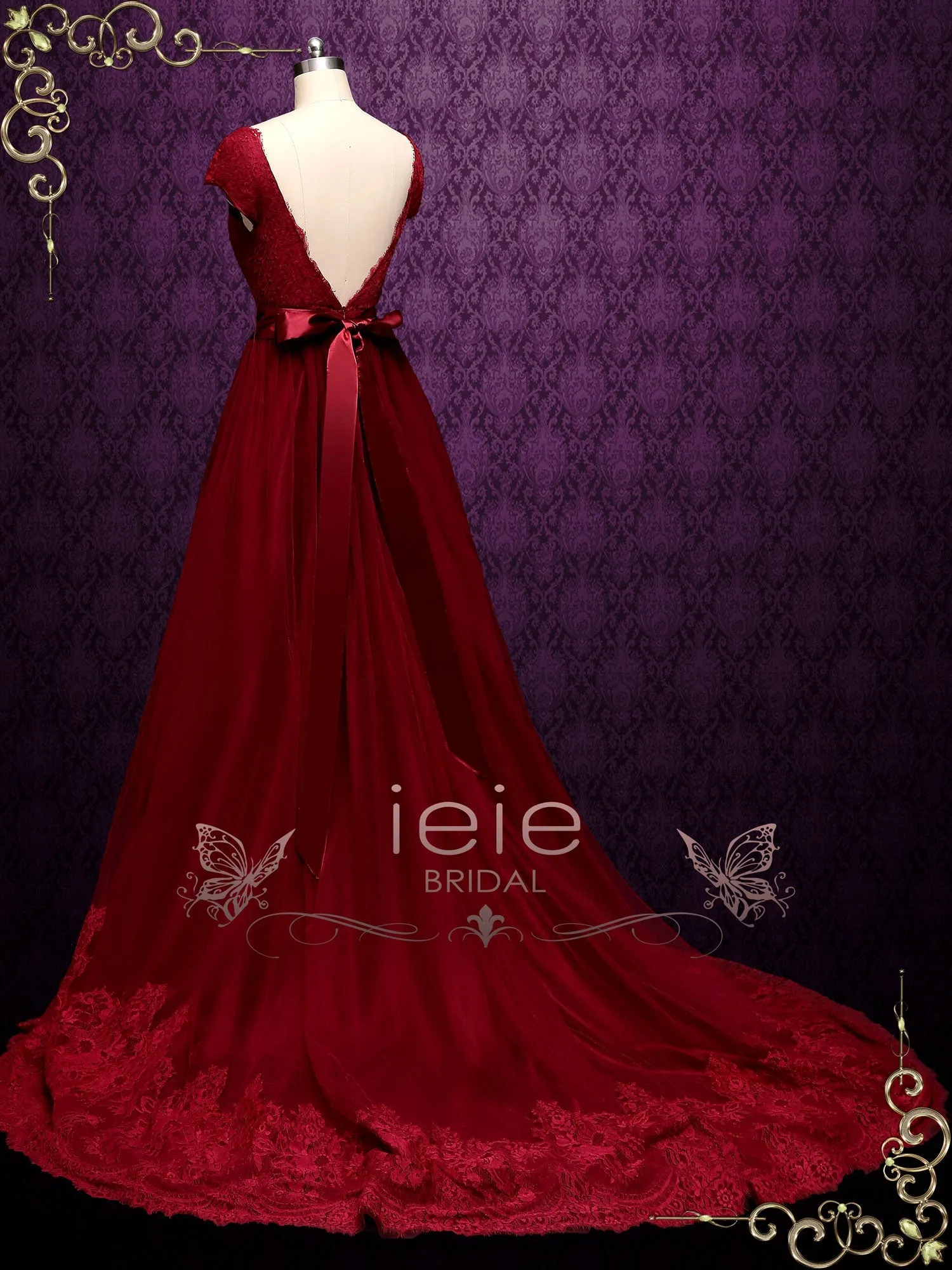 Ready to Ship Burgundy Lace A-line Wedding Dress with Short Sleeves LINDEN