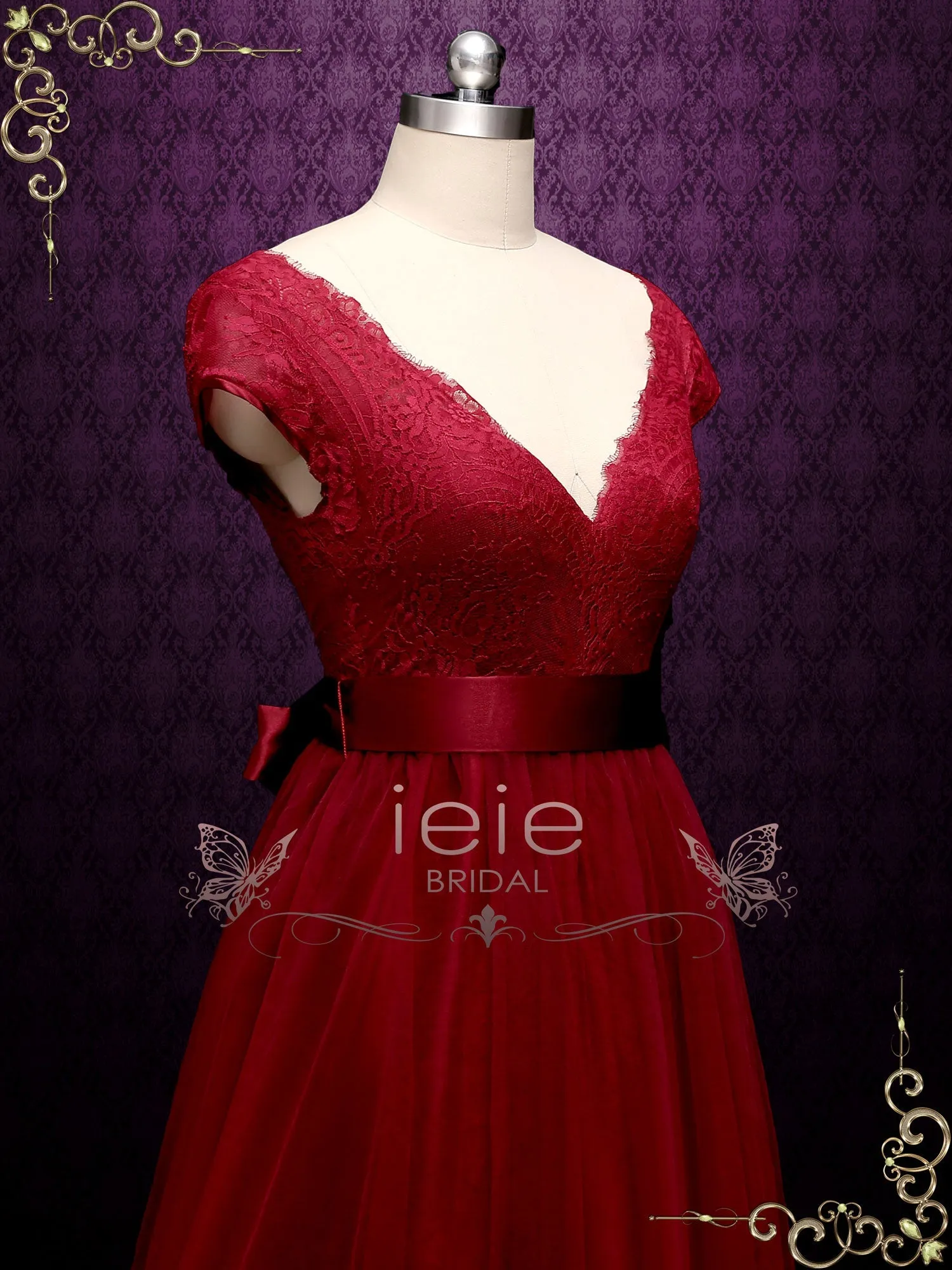 Ready to Ship Burgundy Lace A-line Wedding Dress with Short Sleeves LINDEN