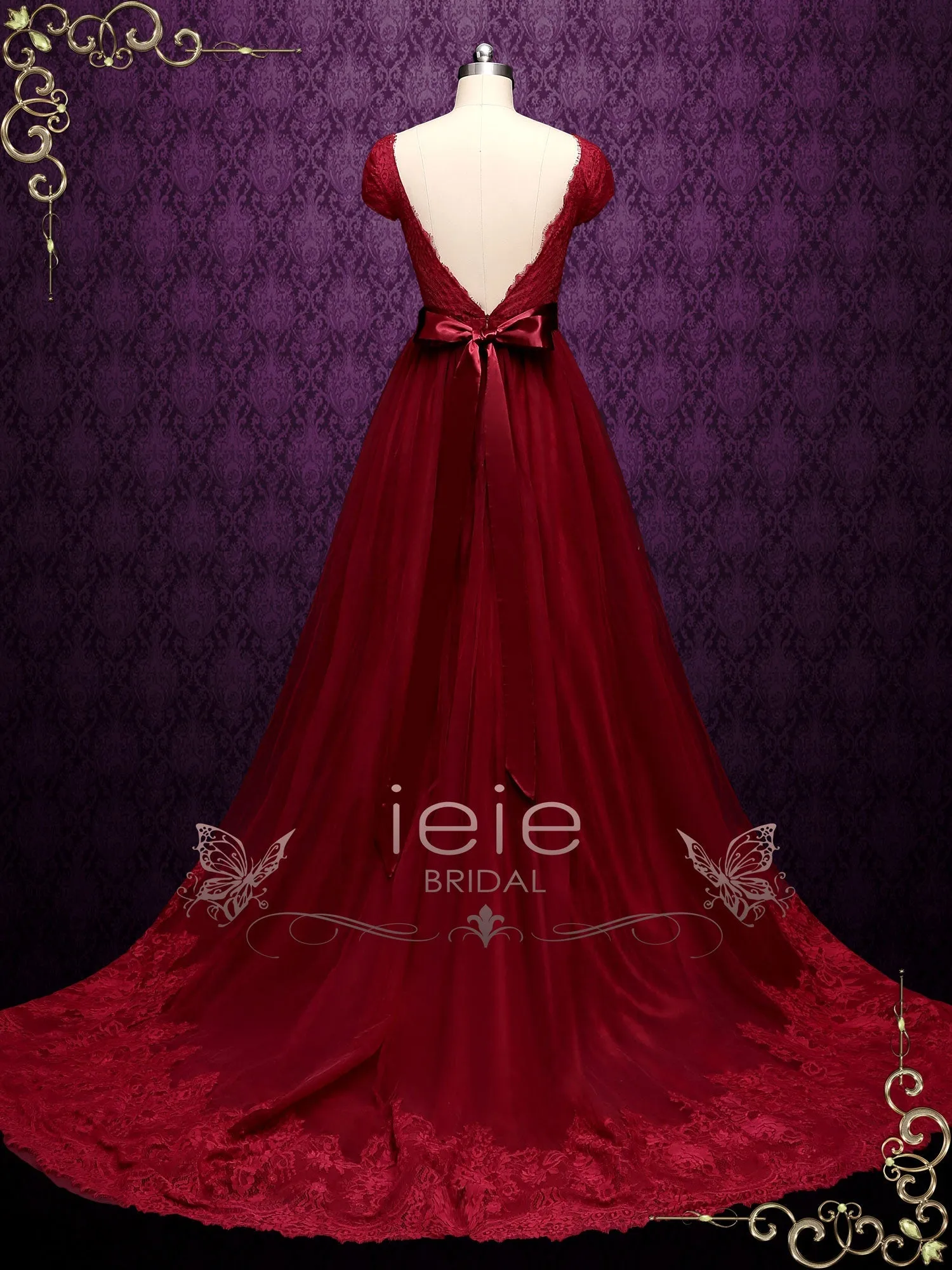 Ready to Ship Burgundy Lace A-line Wedding Dress with Short Sleeves LINDEN