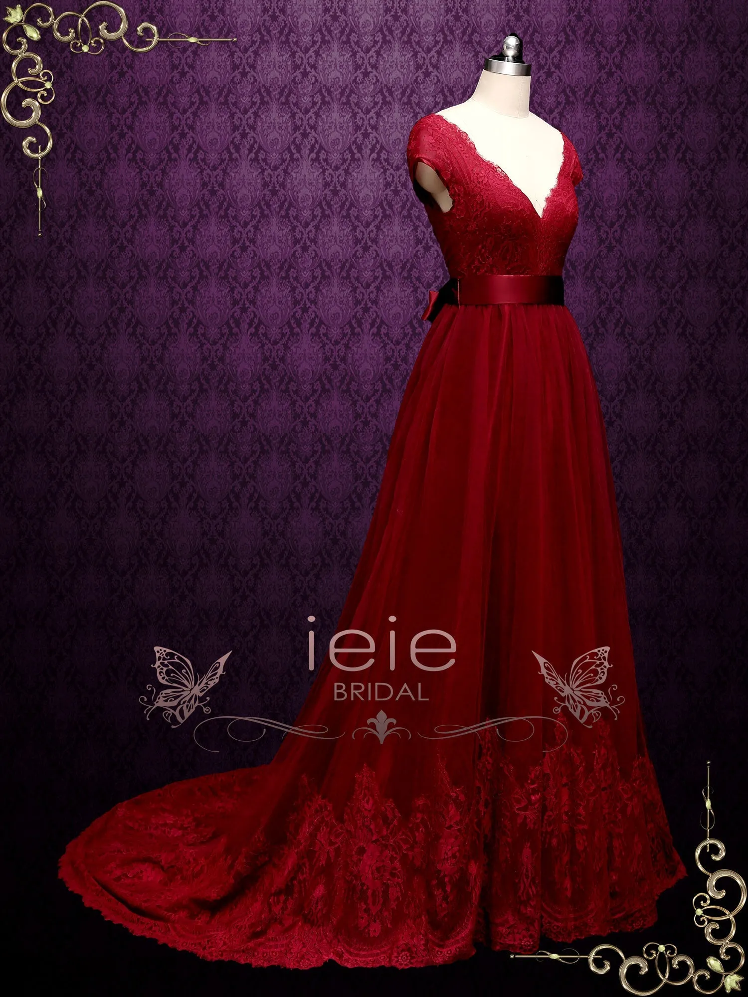Ready to Ship Burgundy Lace A-line Wedding Dress with Short Sleeves LINDEN