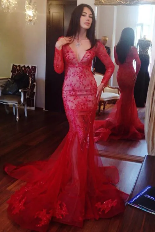 Red Beaded V-neck Mermaid Long Sleeves Prom Dress with Appliques, MP215