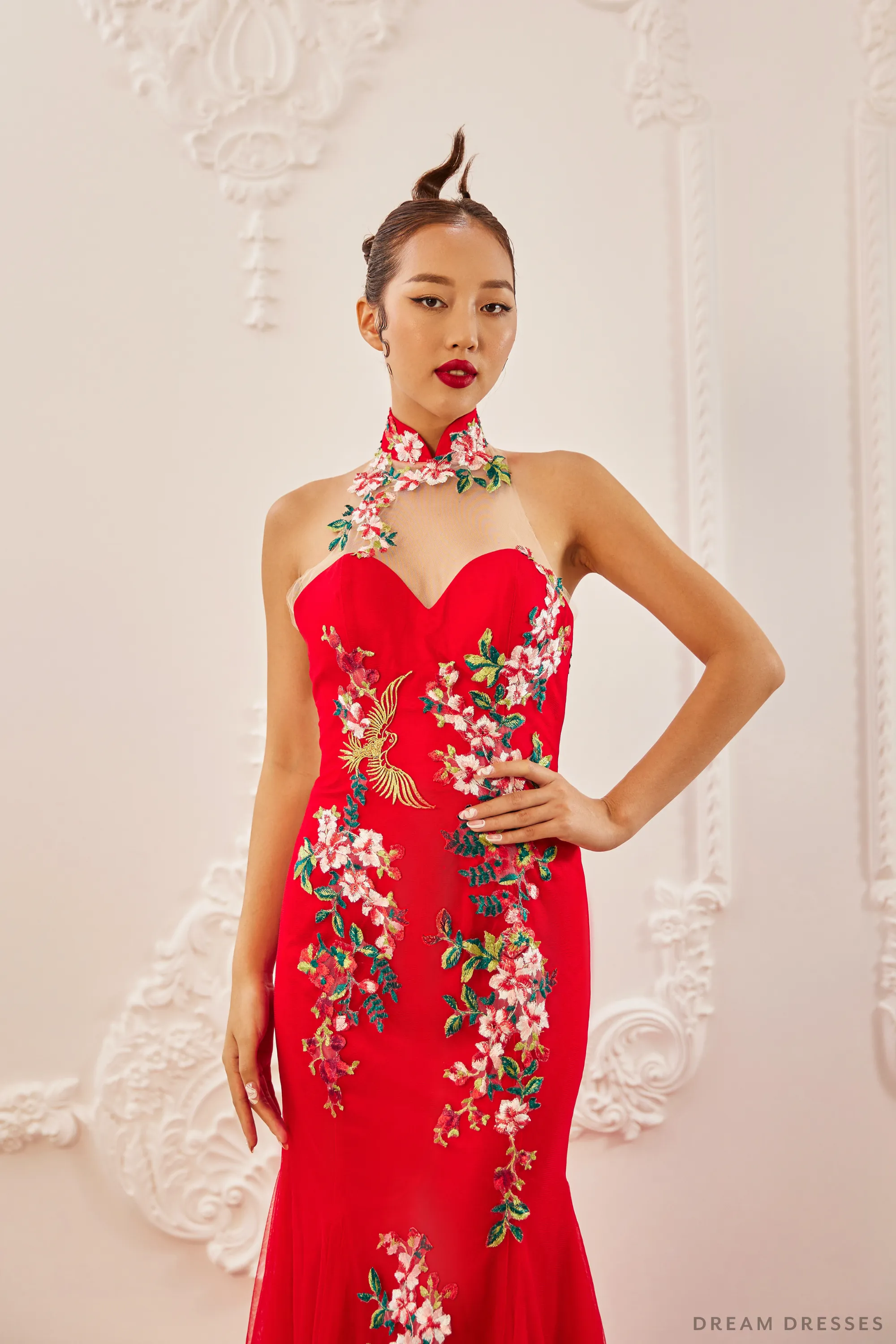 Red Bridal Cheongsam | Modern Cheongsam with Floral Lace (#CHOU)
