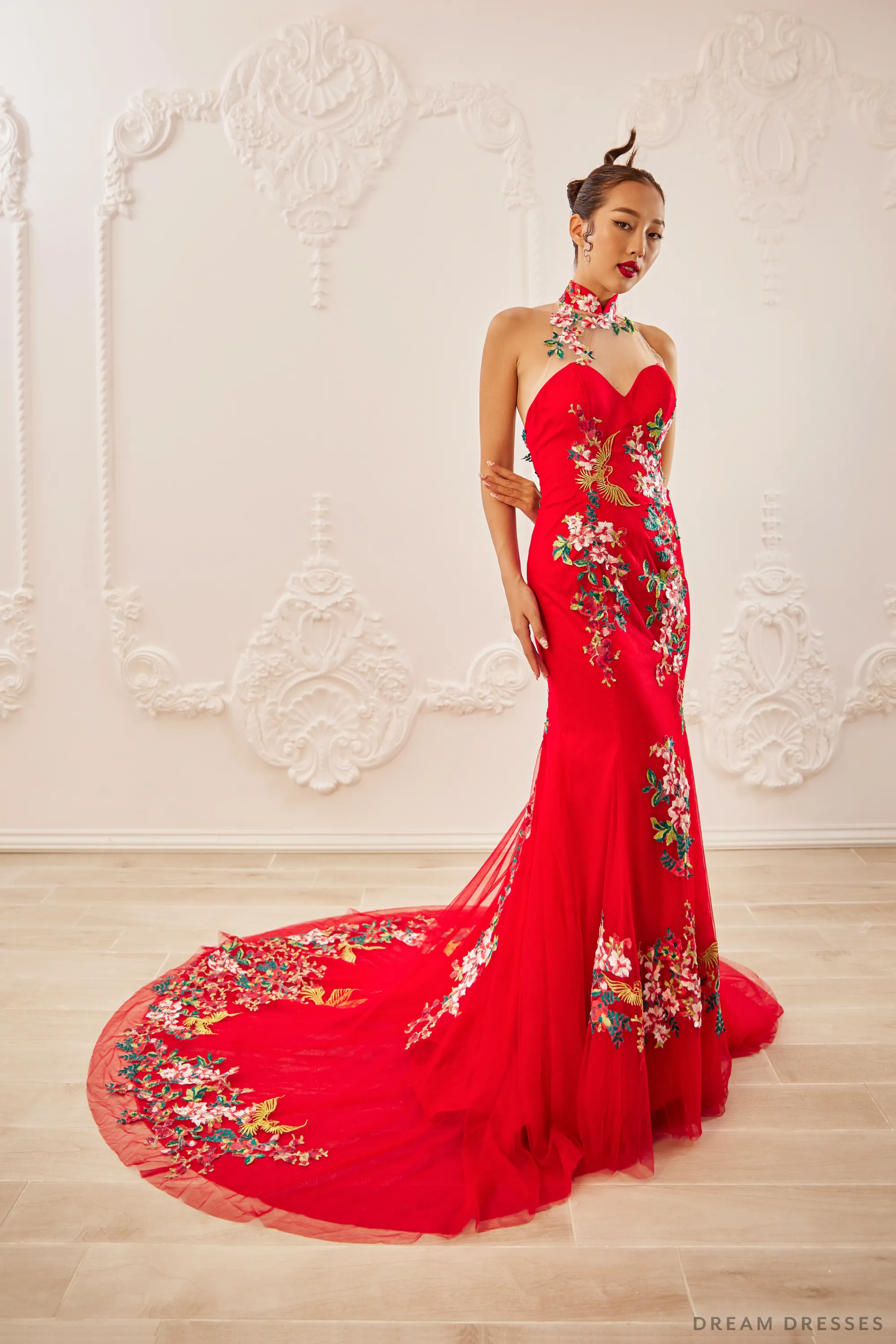 Red Bridal Cheongsam | Modern Cheongsam with Floral Lace (#CHOU)