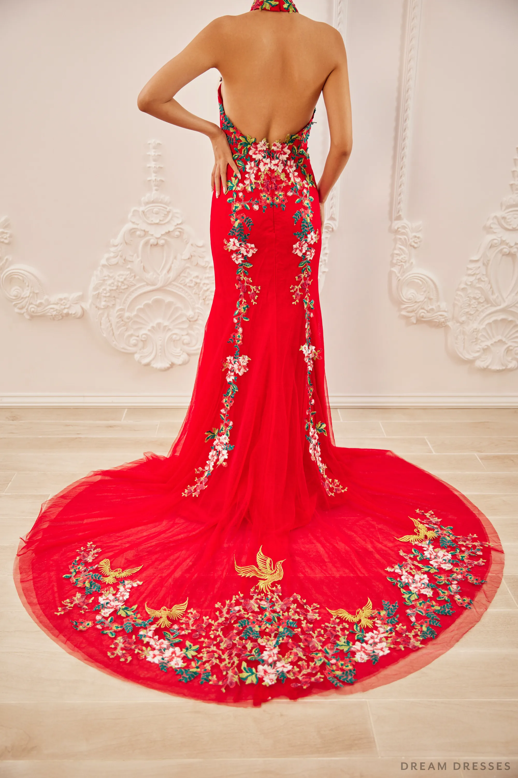 Red Bridal Cheongsam | Modern Cheongsam with Floral Lace (#CHOU)