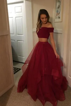 Red Tulle Off Shoulder Two Pieces Long Prom Dresses, Party Gowns, MP367