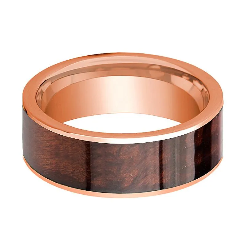 Red Wood Inlaid Men's 14k Rose Gold Wedding Band with Flat Edges - 8MM