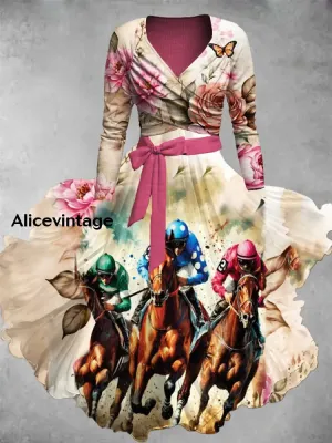 Retro Derby Day Print V-Neck Elegant Chic Mid-Length Two-Piece Long-Sleeved Dress