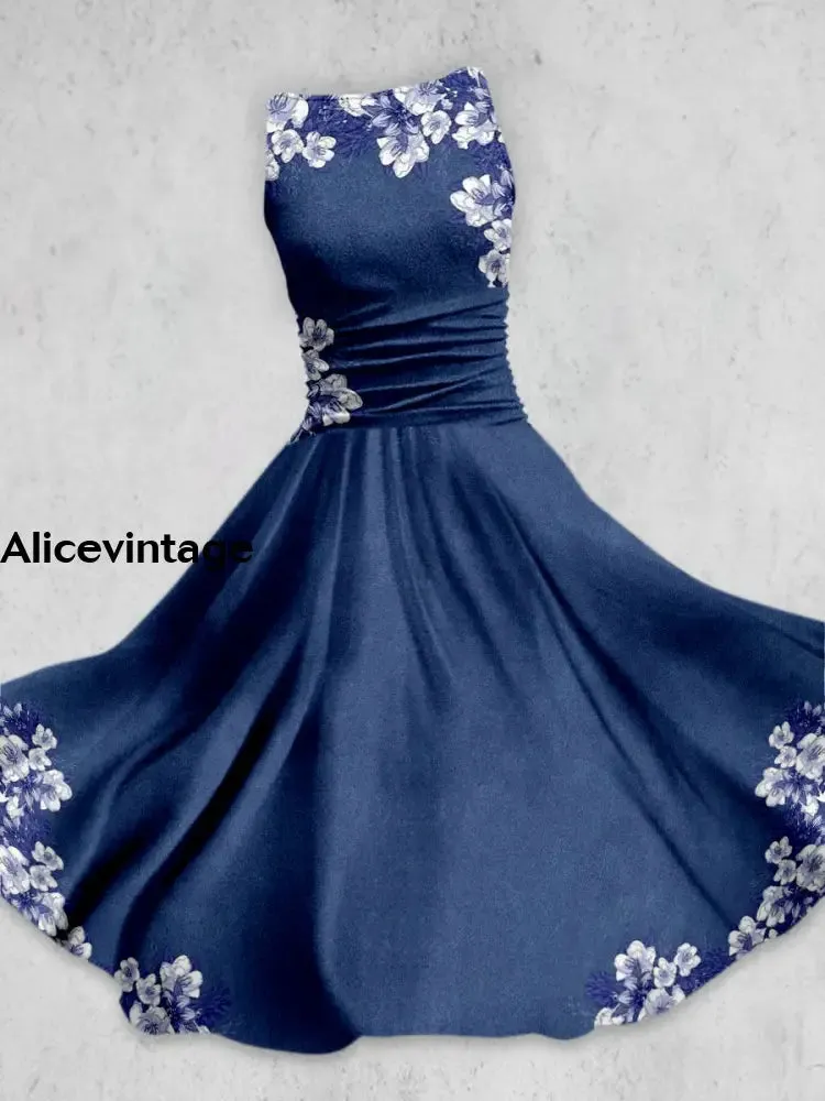 Retro Floral Printed Elegant Vintage Chic Sleeveless Tank Midi Dress
