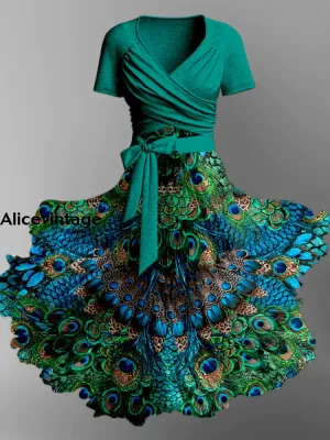 Retro Peacock Feather Print V-Neck Short Sleeve Two-Piece Midi Dress