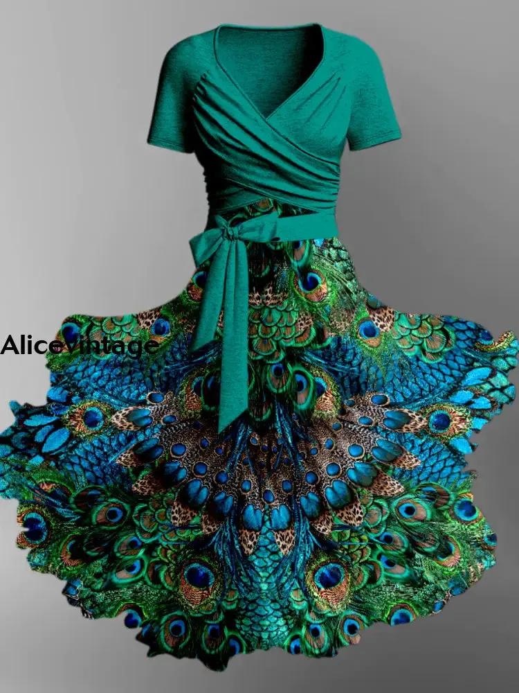 Retro Peacock Feather Print V-Neck Short Sleeve Two-Piece Midi Dress