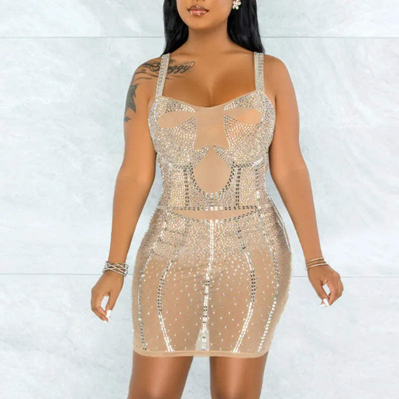 Rhinestone Sleeveless Spaghetti Strap Sheer Mesh Bodycon Dress
