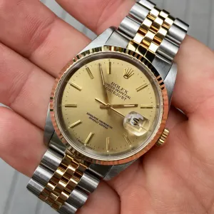 Rolex Datejust 16233 Two Tone Champagne Stick Automatic Wristwatch Circa 1991