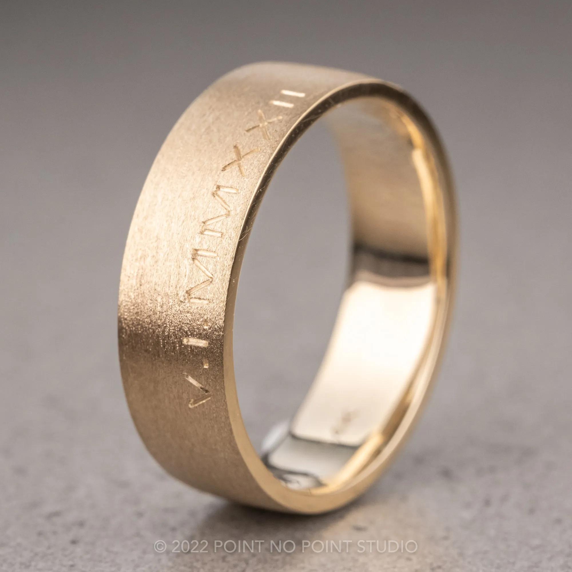 Roman Numeral, 6mm 14K Yellow Gold Comfort Fit Men's Wedding Band, Matte Finish