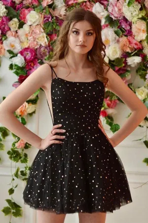 Round Neck Straps Black Stars Homecoming Dress School Dance Dress HD0138