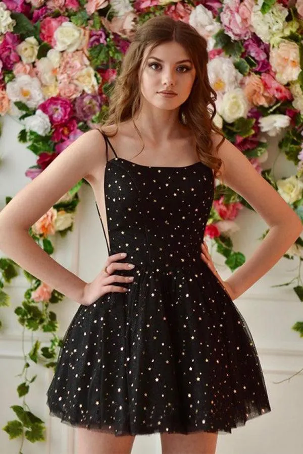 Round Neck Straps Black Stars Homecoming Dress School Dance Dress HD0138
