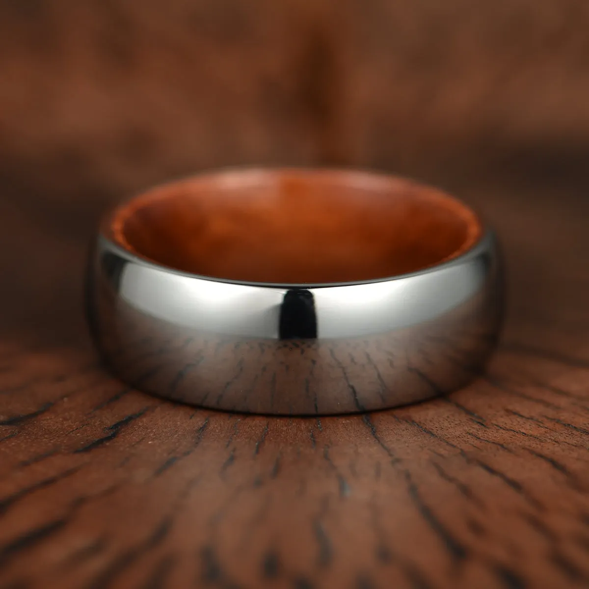 Rounded Polished Silver Tungsten Rosewood Men's Wedding Band 8MM