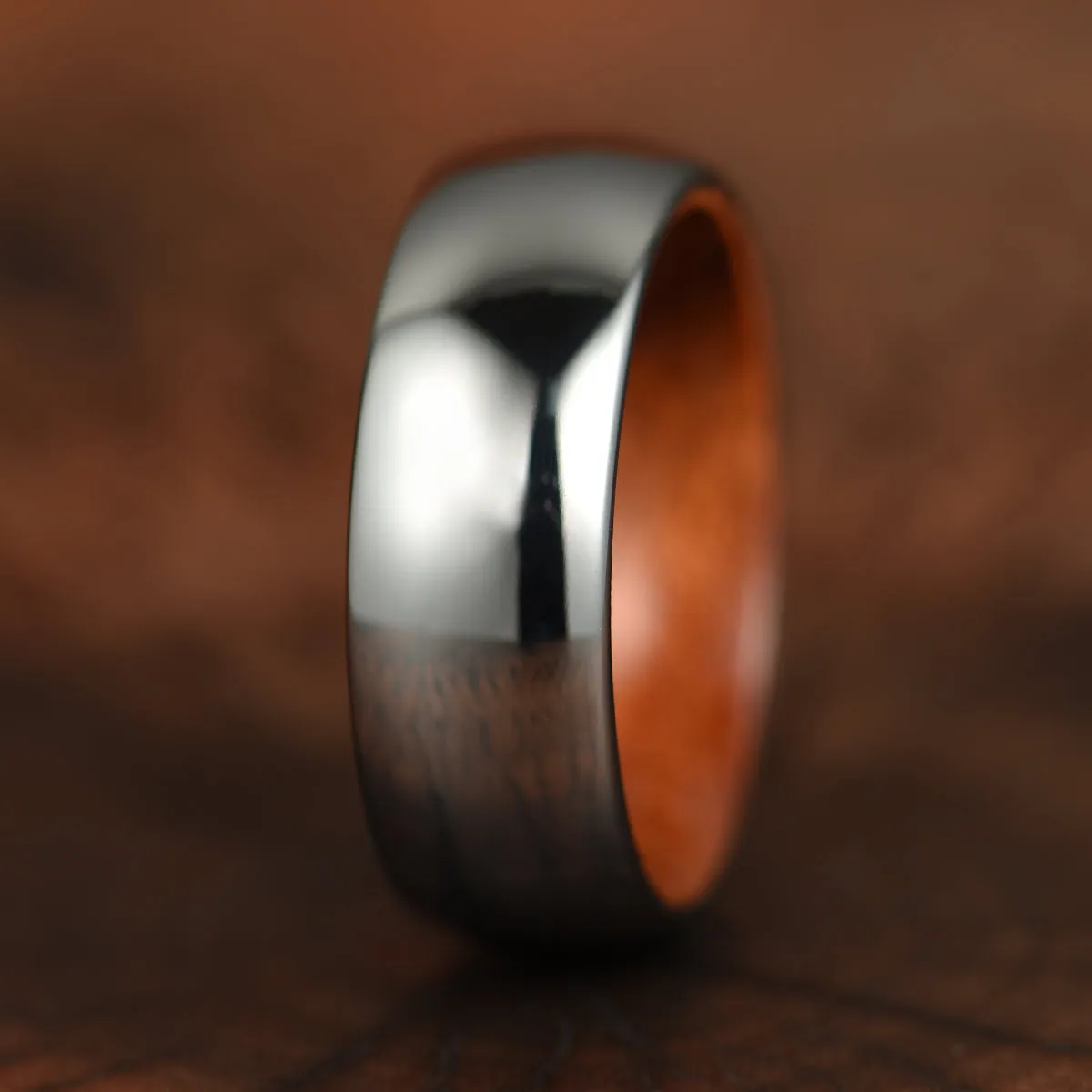 Rounded Polished Silver Tungsten Rosewood Men's Wedding Band 8MM