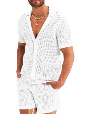 Sandy Beach Mesh Knitted Lapel Short Sleeve Sets for Men