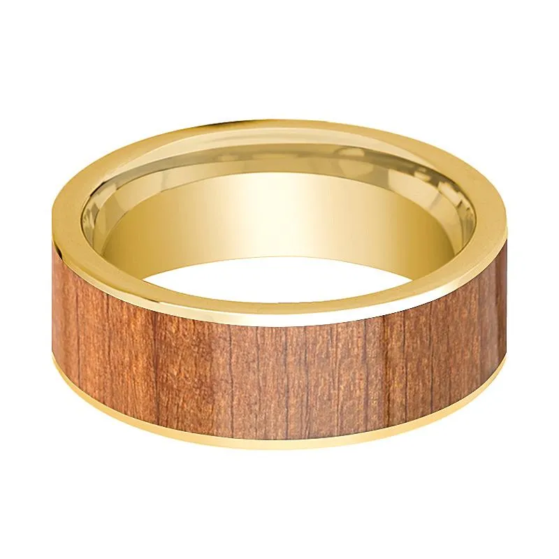 Sapele Wood Inlaid 14k Yellow Gold Flat Wedding Band for Men Polished Finish - 8MM