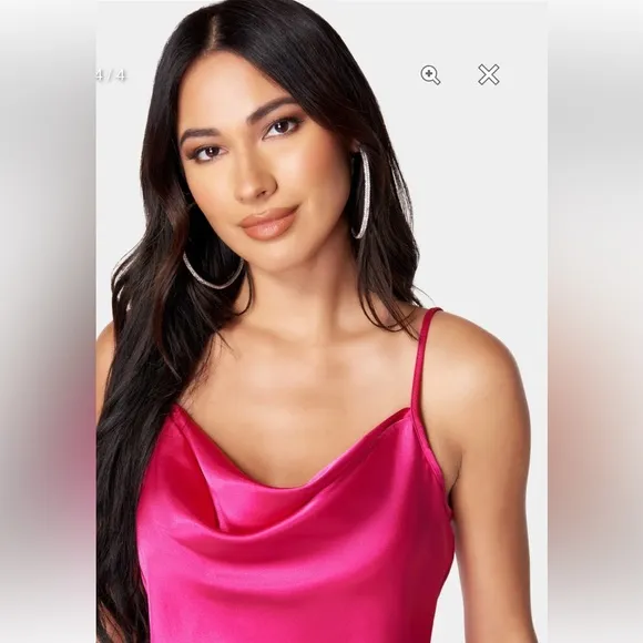 SATIN COWL NECK SLIP MIDI DRESS IN FUSHIA