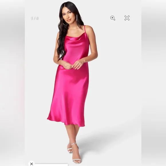 SATIN COWL NECK SLIP MIDI DRESS IN FUSHIA