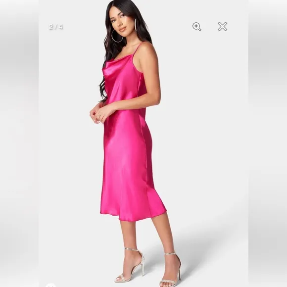 SATIN COWL NECK SLIP MIDI DRESS IN FUSHIA