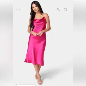 SATIN COWL NECK SLIP MIDI DRESS IN FUSHIA
