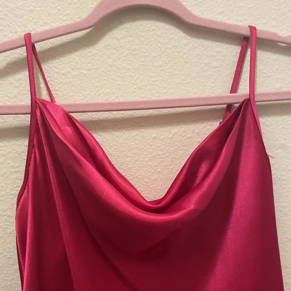 SATIN COWL NECK SLIP MIDI DRESS IN FUSHIA