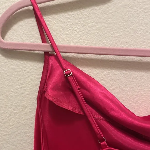 SATIN COWL NECK SLIP MIDI DRESS IN FUSHIA