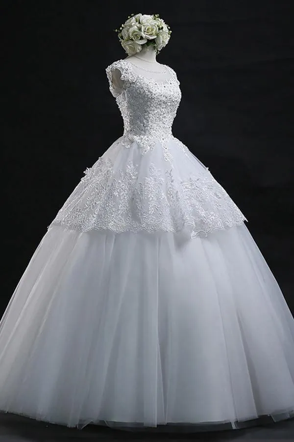Scoop Long Lace-up Tulle Wedding Dress Ball Gown With Appliques WD012