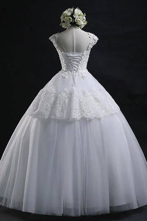 Scoop Long Lace-up Tulle Wedding Dress Ball Gown With Appliques WD012