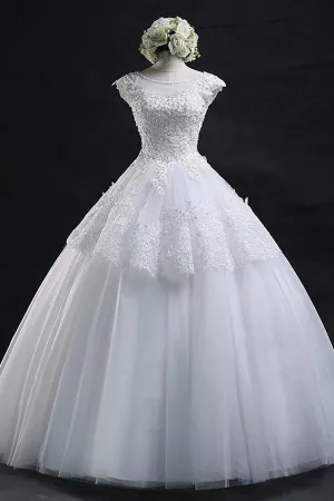 Scoop Long Lace-up Tulle Wedding Dress Ball Gown With Appliques WD012