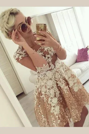 Sequins Beaded Half Sleeves Short Prom Dress, Appliques Sheer Back Homecoming Dress, MH163