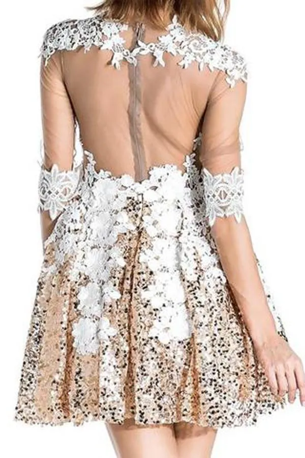 Sequins Beaded Half Sleeves Short Prom Dress, Appliques Sheer Back Homecoming Dress, MH163