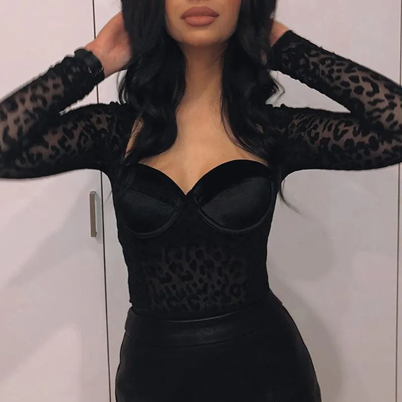 Sexy Leopard Patch Mesh Base Rompers