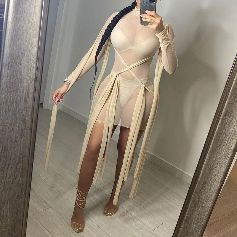 Sheer Mesh Bandage Bodycon Mini Dress