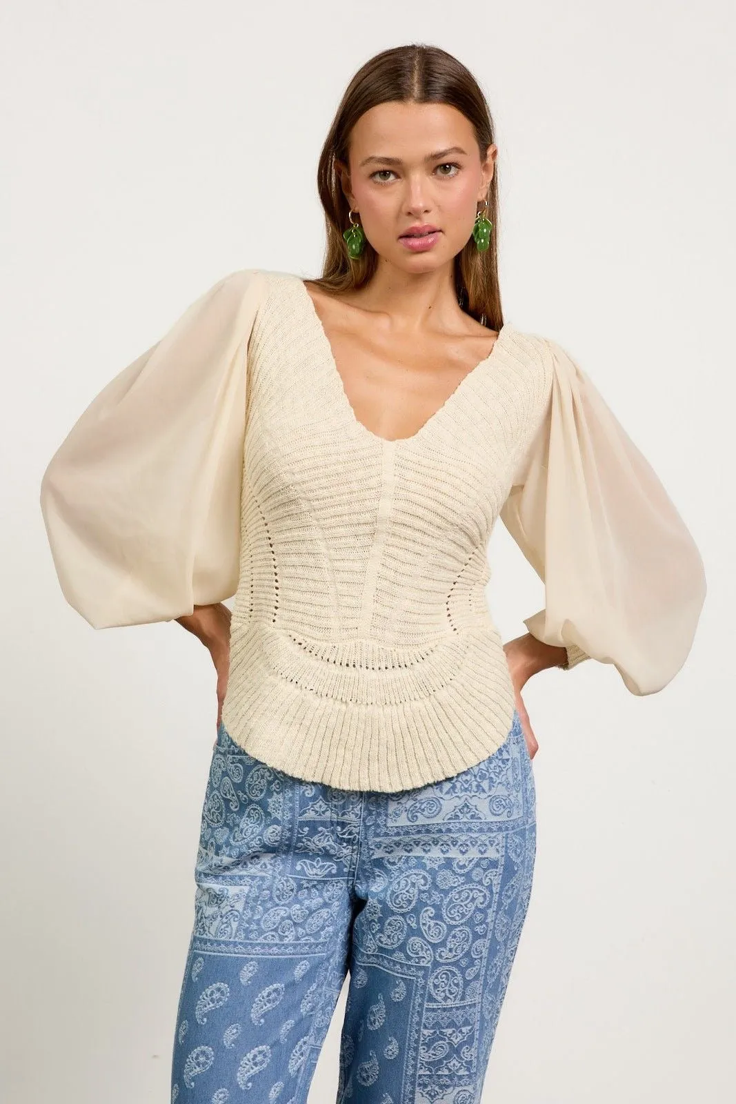 Sheer Sleeve Scalloped Sweater