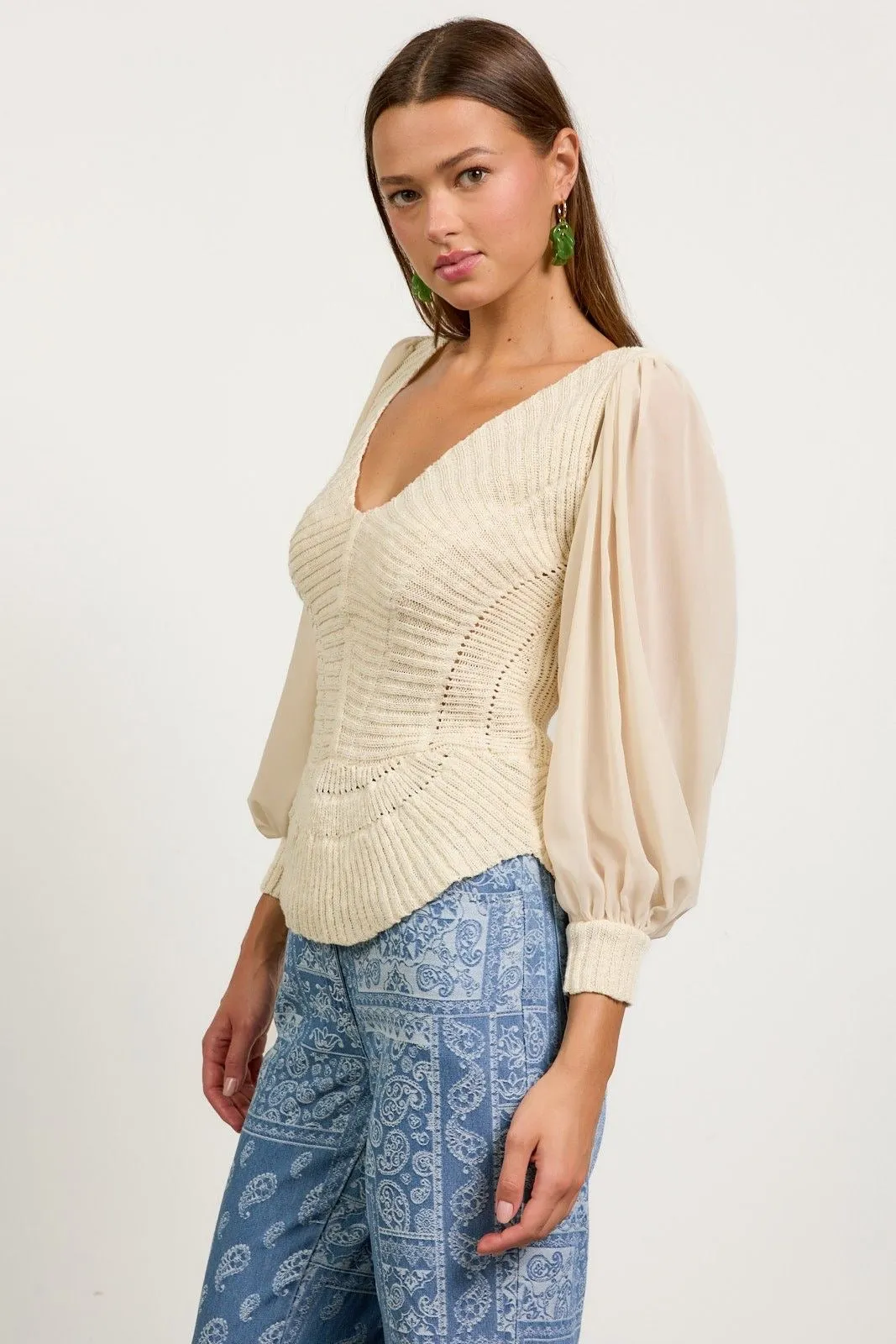 Sheer Sleeve Scalloped Sweater
