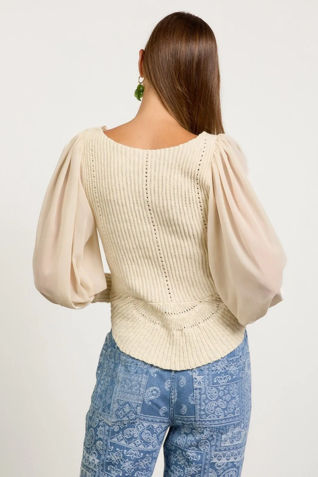 Sheer Sleeve Scalloped Sweater