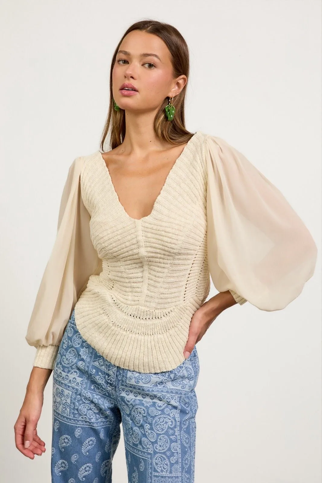 Sheer Sleeve Scalloped Sweater