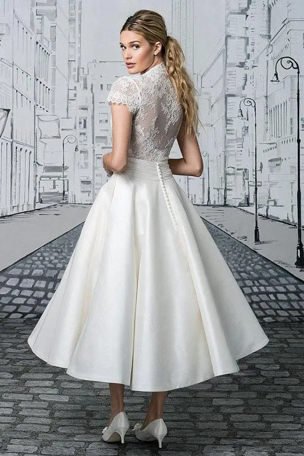 Short Wedding Dresses V-Neck Lace Tea-Length Ivory Modest Bridal Gown TN351